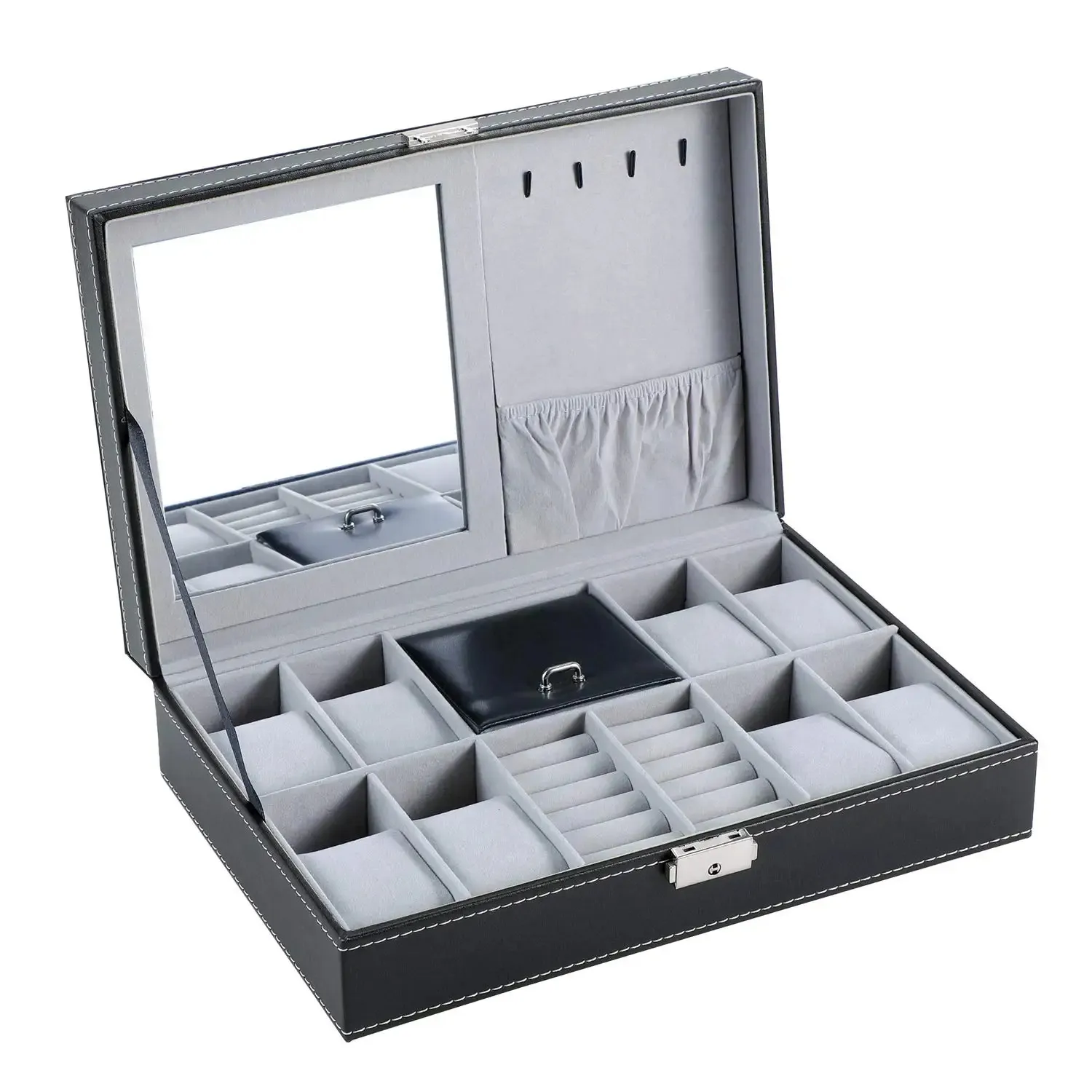 Lnofxas Watch Box 8 Jewely Display Case Organizer Trey Storage Black PU Leather With Mirror and Lock 240415