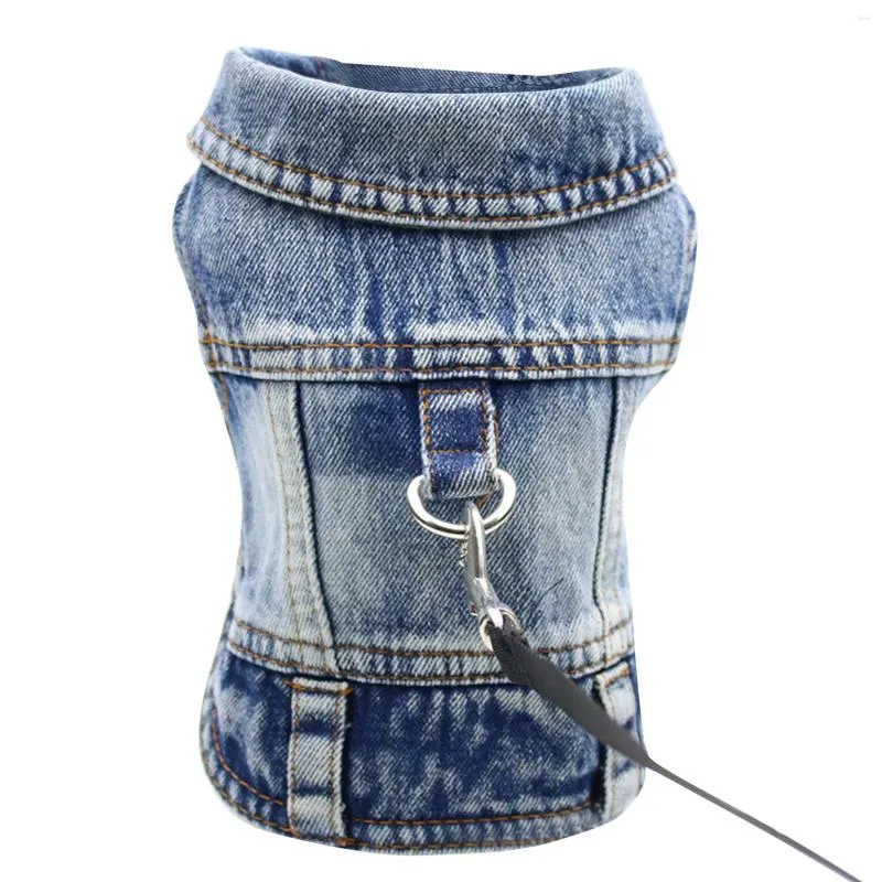 Dog Apparel Jeans Jacket Denim Coat For Small Medium Girl Boy Dogs Puppy Clothes Comfort Lapel Vest With D-Ring Leash Fashionable