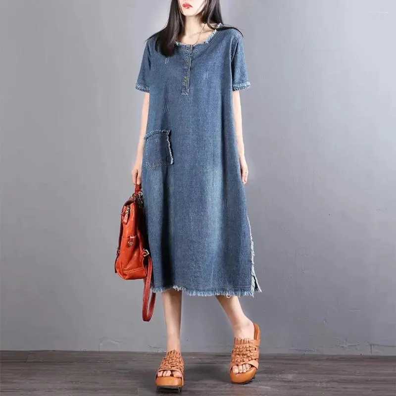 Robes de fête 2024 Été pour femmes décontractées O Neck Col à manches courtes Jean Femme Pullover Denim Robe de mollet mo-veau