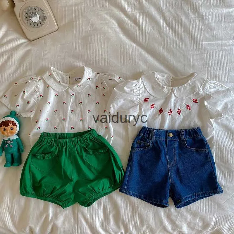 Kids Shirts 2024 Girls Tops ldren Floral Puff Sleeves Cotton Short Sleeves Kids Blouse 1-6 Y H240509