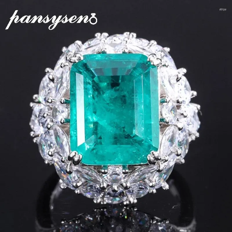 Clusterringen Pansysen 925 Sterling Silver 12x15mm Emerald High Carbon Diamond voor vrouwen Men 18K Wit Gold Poled Anniversary Sieraden