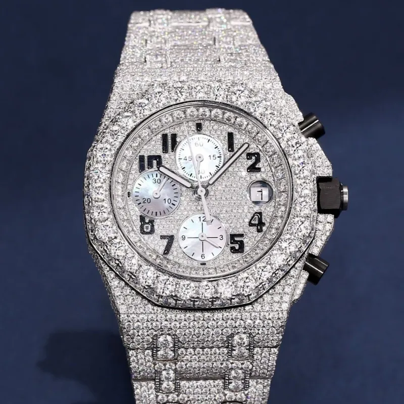 Роскошная мода Moissanite Watch для мужских автоматических свидание Stianless Steel Luxury Gold Late Clock Hip Hop Full Diamond.