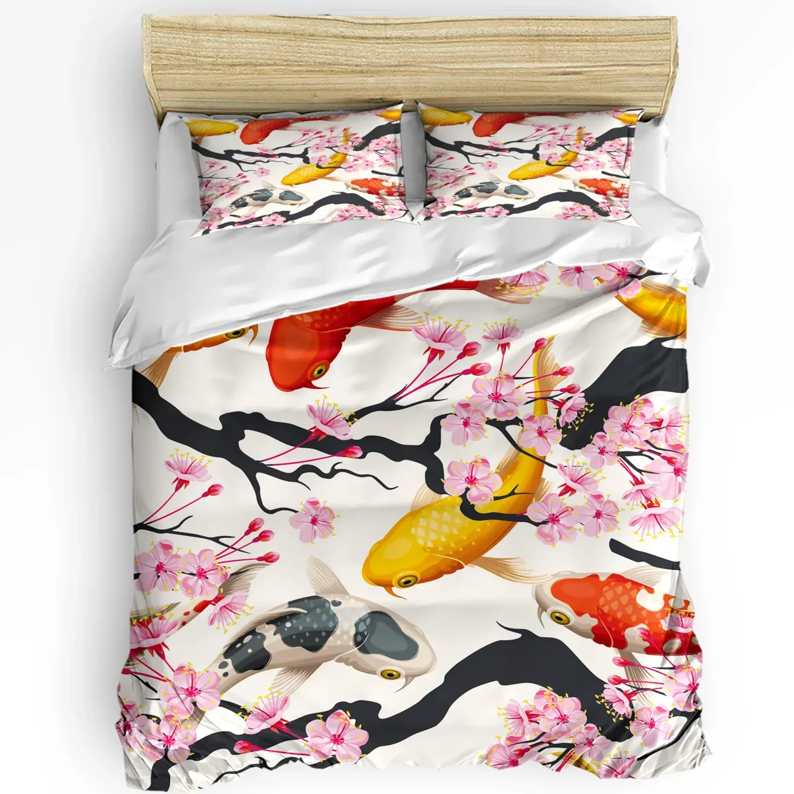 Ställer in japansk stil karp körsbärsblomning sängkläder set 3st täcke täcke kudde barn vuxen täcke täcker dubbelsäng set hem textil