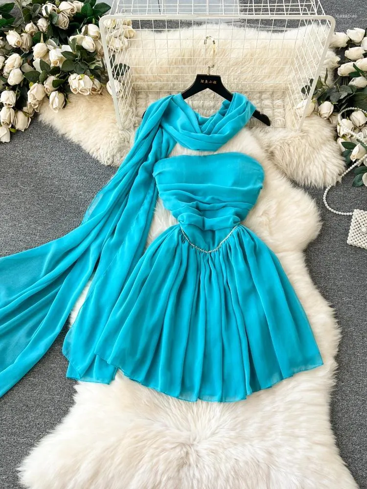 Casual Dresses Women Chic Elegant Party Summer Sexy Off The Shoulder A-line Short Dress Vintage High Waist Chiffon With Scarf