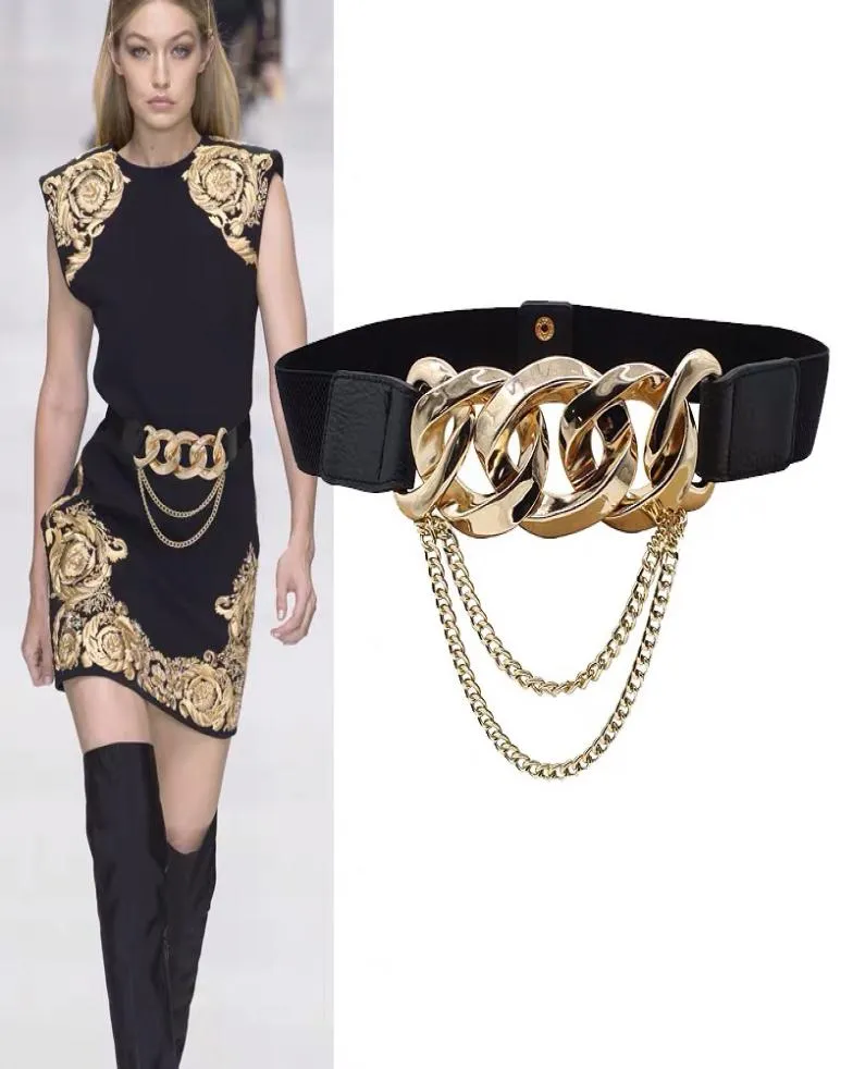 Elastisk guldkedjebälte Tassel Metal Stretch Cummerbunds Plus Size Corset Belts For Women Dress Waistband Leather Ceinture Femme9711094