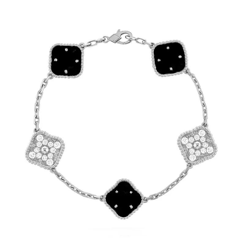 925 Sterling Silber Diamond Armband Frauen 2 -seitig eingelegtes Onyx Jade Mutter von Perlenbrand -Armbändern fein 5 Blume vier Blattklee Designer Schmuckparty täglich Geschenk