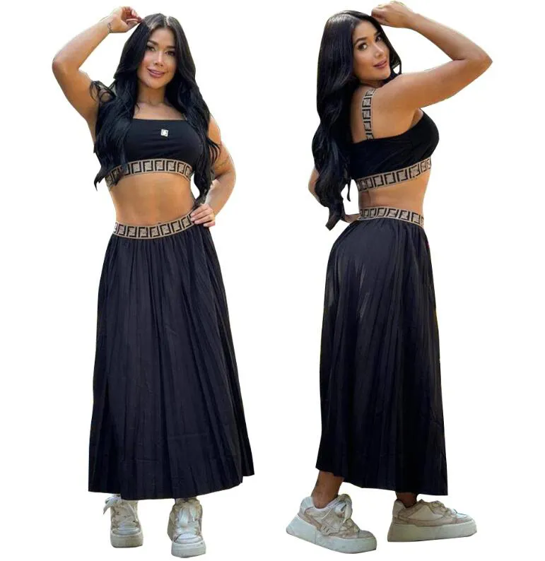 NEW women's Sexy Two Piece dress brand Designer Geometric patterns sling vest long pleated skirt 2-piece sets women splicing nightclubs suit