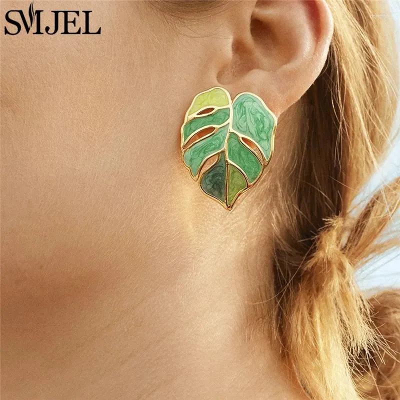 Pendientes colgantes de hojas de hojas rosa verde de esmjel smjel