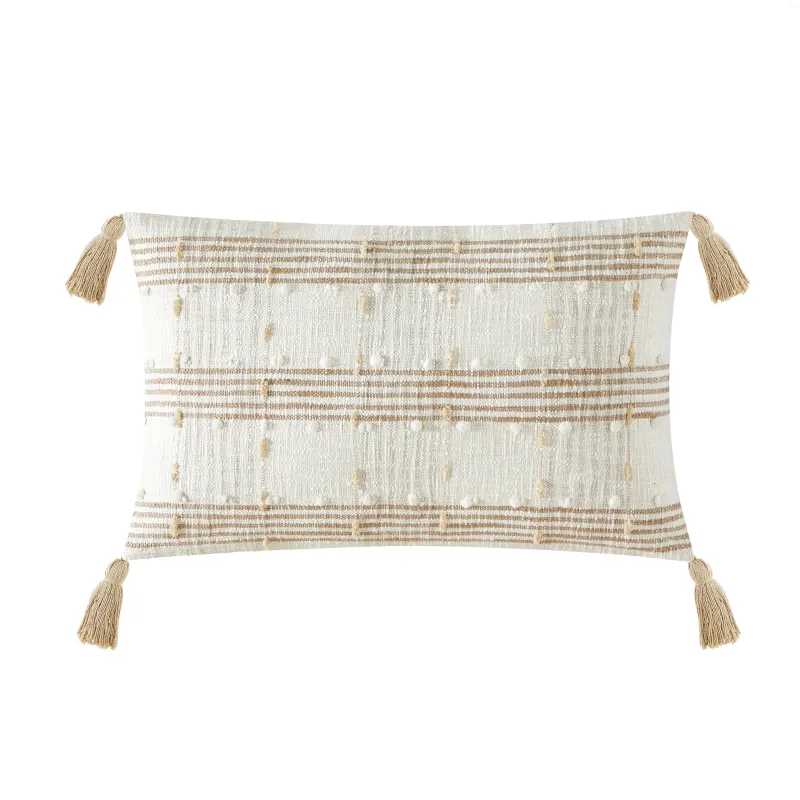 Oreiller en coton Plaid Stripe oblong avec des glands et du poly fill insert beige 14 "x 24"