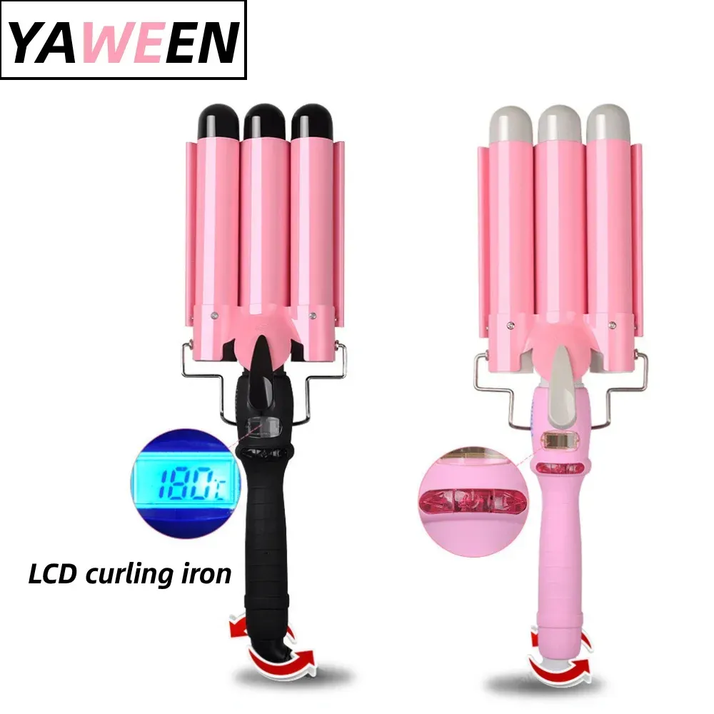 ENTRENAMIENTOS Yaween LCD Curling Iron Professional Cerámico Camer de cabello 3 planchas para el cabello de barril Herramientas de estilo de moda