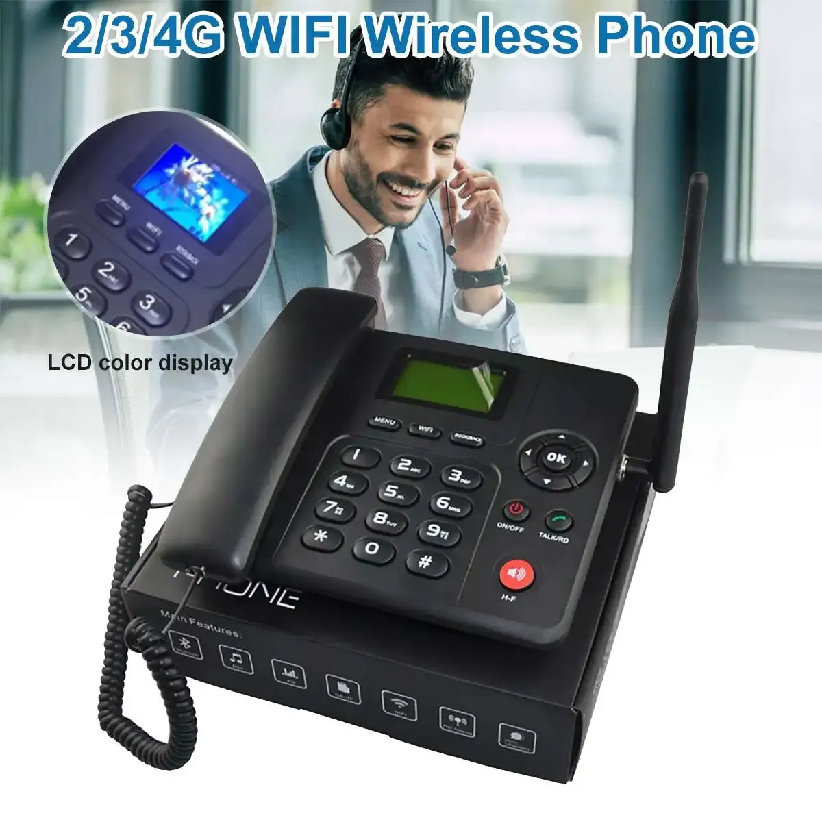 Tillbehör trådlös telefon GSM SIM -kort 4G WiFi Wireless Fixat telefon Desktop Telefon för Office Home Hotel