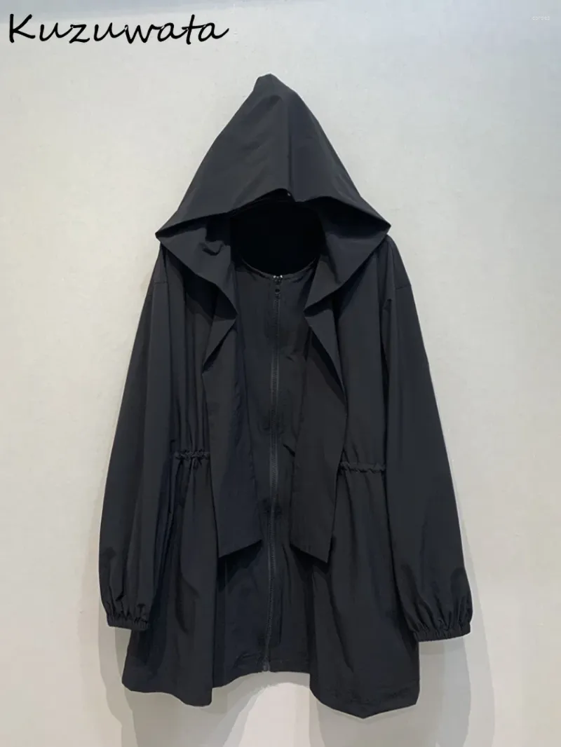 여자 재킷 kuzuwata 캐주얼 한 느슨한 후드가있는 긴 소매 코트 지퍼 부드러운 우아한 드로 스트링 탄성 재킷 일본 선 스크린 야외 아웃복