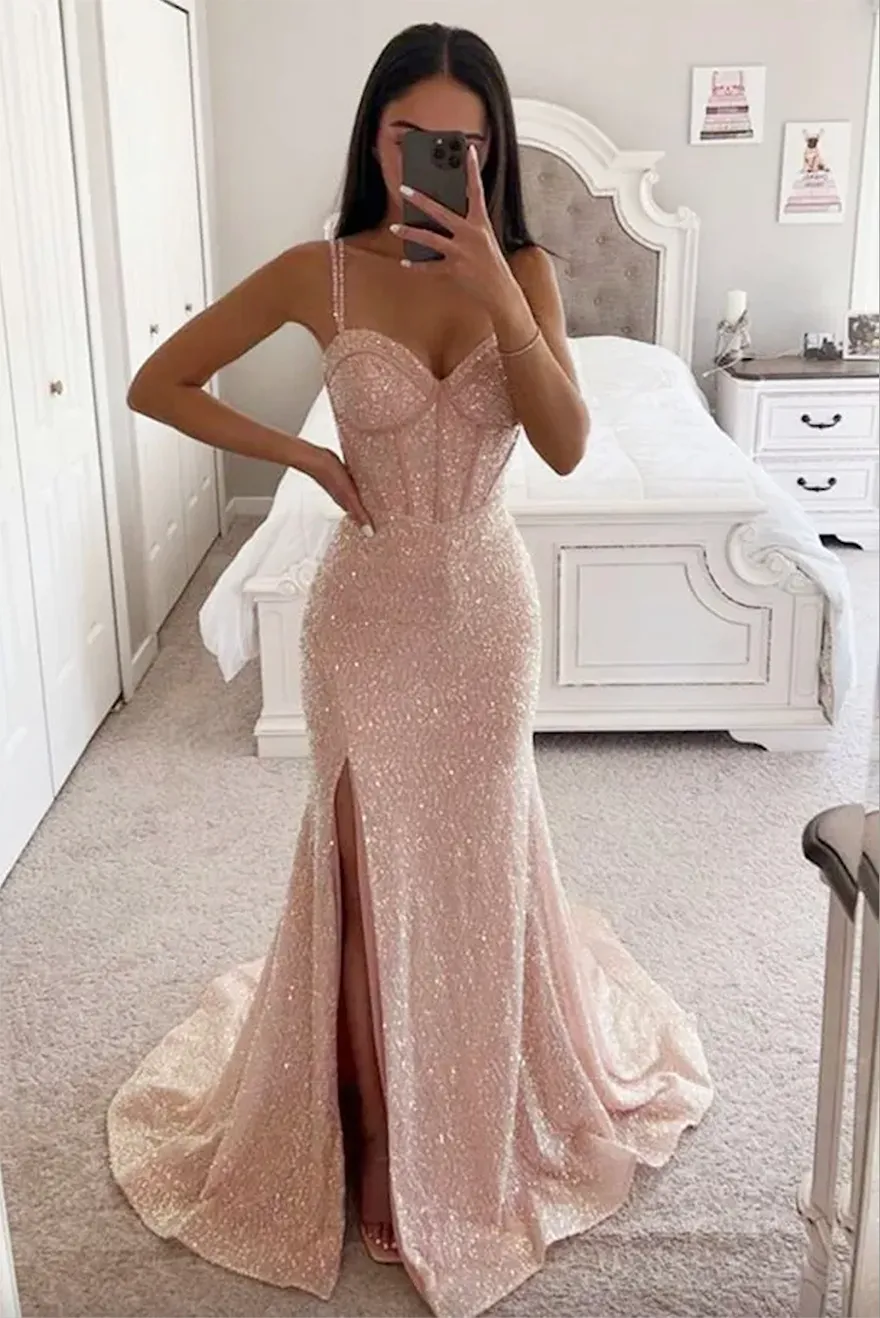 pink glitter long dress Gorgeous Strapless Sleeveless Mermaid Glitter Long Prom Dress With Slit main image 1