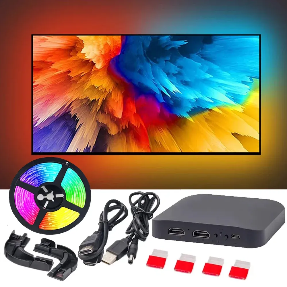 Stick Smart Ambient TV LED Backlight 4K 1.4 2.0 HDMI Device Sync Box et WS2812B 5050 RGBIC Strip Light Kit pour 2465 pouces PS4 Xbox