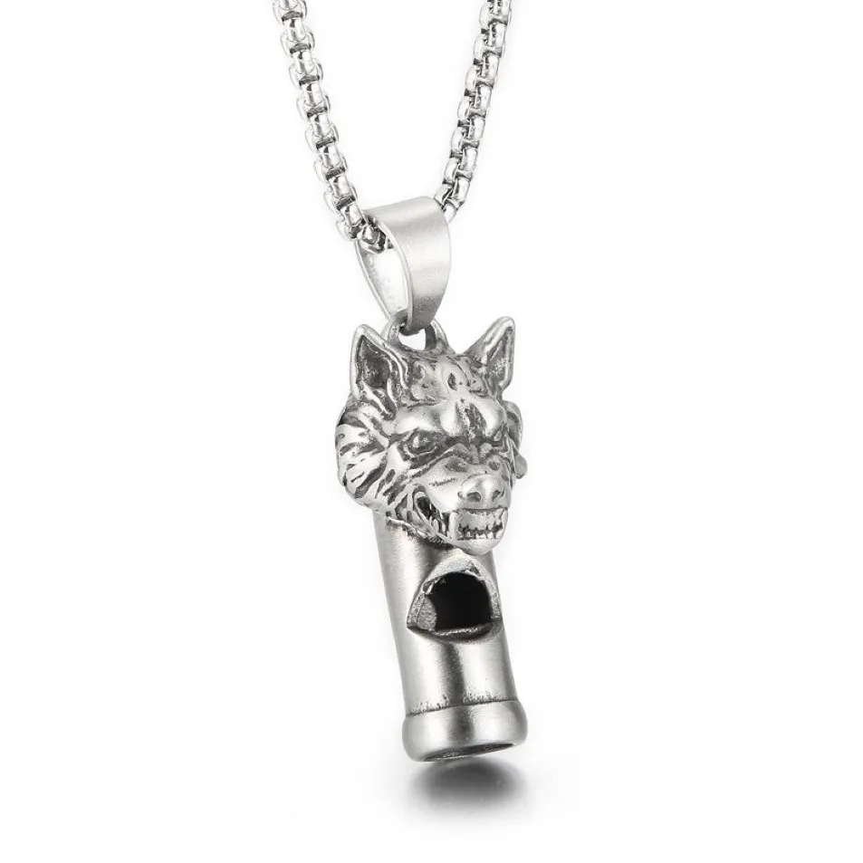 Collier de sifflet Gothic Wolf Head Castant Castant en acier inoxydable Bijoux de chaîne de rolo pour hommes cadeaux Cool Gifts Silver Polished Blin296H