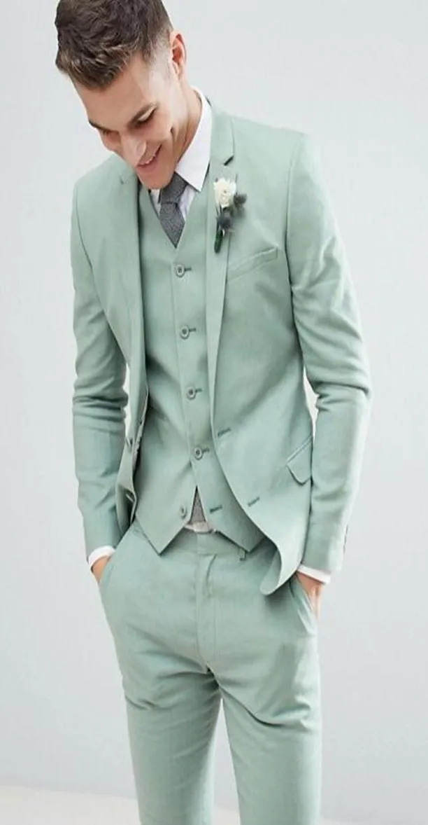 Kostüm Homme Hafif Yeşil Erkekler Düğün Smokin 3 PCS Notch Lapel Moda Damat Resmi Giyim İnce Fit Blazer Jacketpantvest M8517794