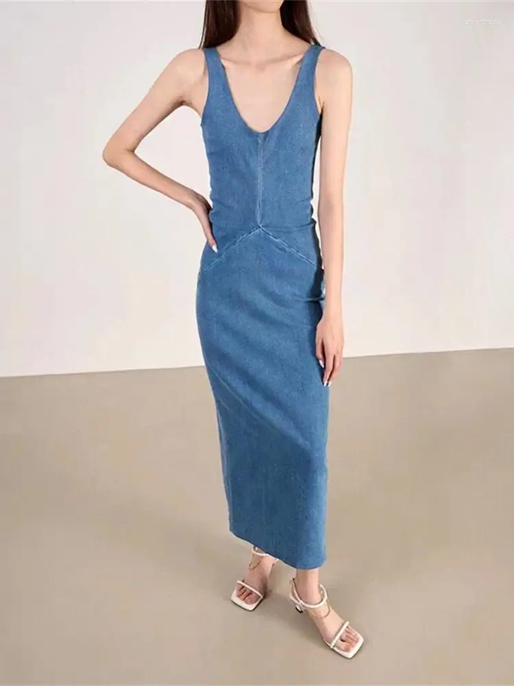 Casual Denim Tank Dress for Women Sleeveless Cotton Mid-Calf Hooded Collar  Empire Waist