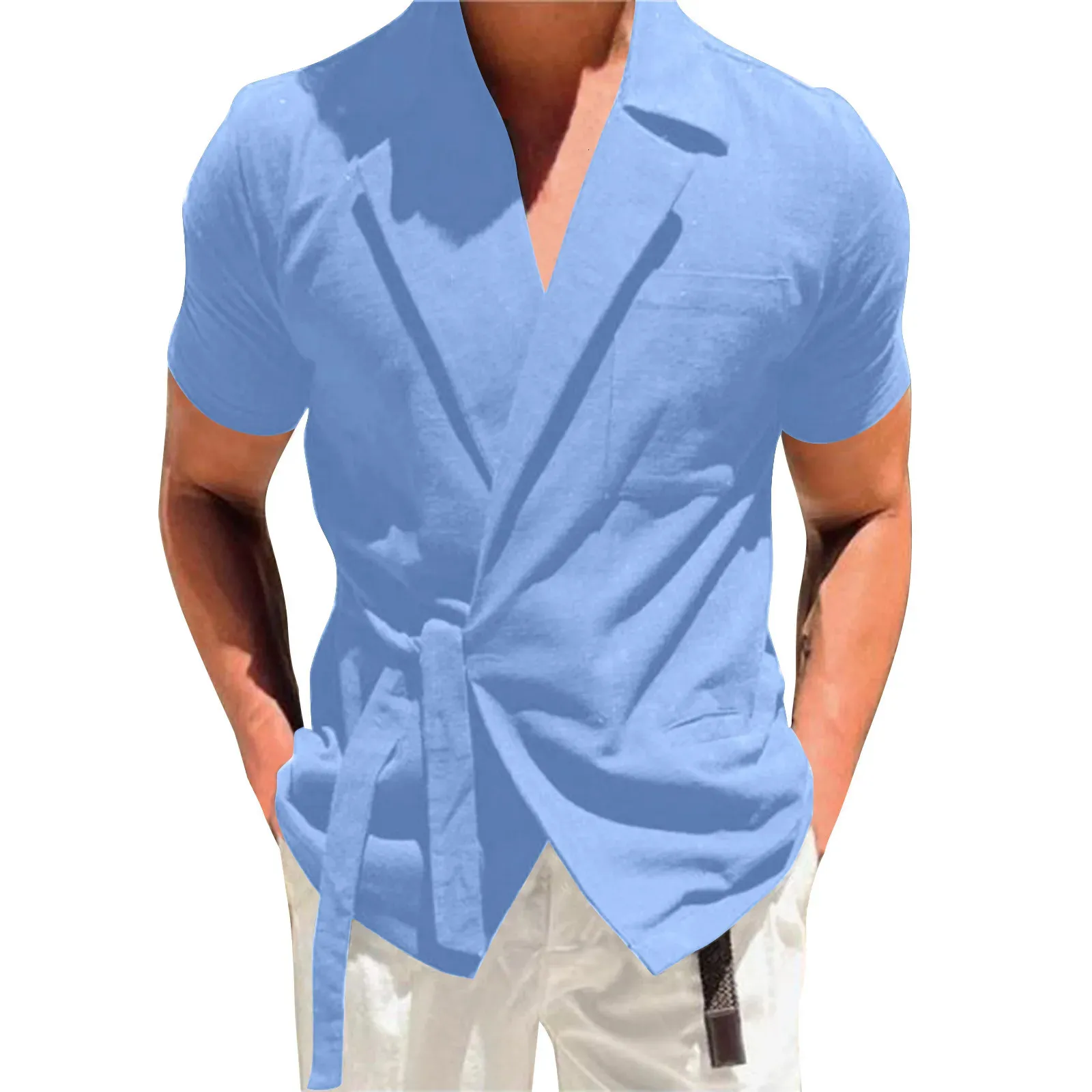 Mensar Solid Color Cotton Linen Suit With Lapel och Bind Short Hleeved Shirt Men's Clothing 2024 Fashionable and Simple 240415