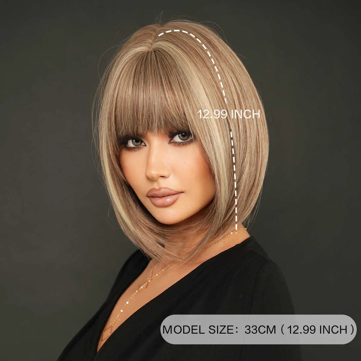 hair Wig womens bangs tea straight brown highlights dyed rice fashionable short hood with inner buckle Bob wig