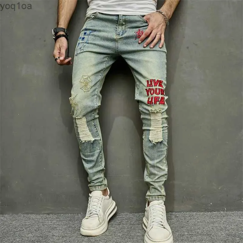 Herren Jeans Herren Retro -Stil Stickerei Tränenhip Hop Ultra dünner Bleistift Jeans Herren Elastic Hole Casual Jeans Troussersl2404