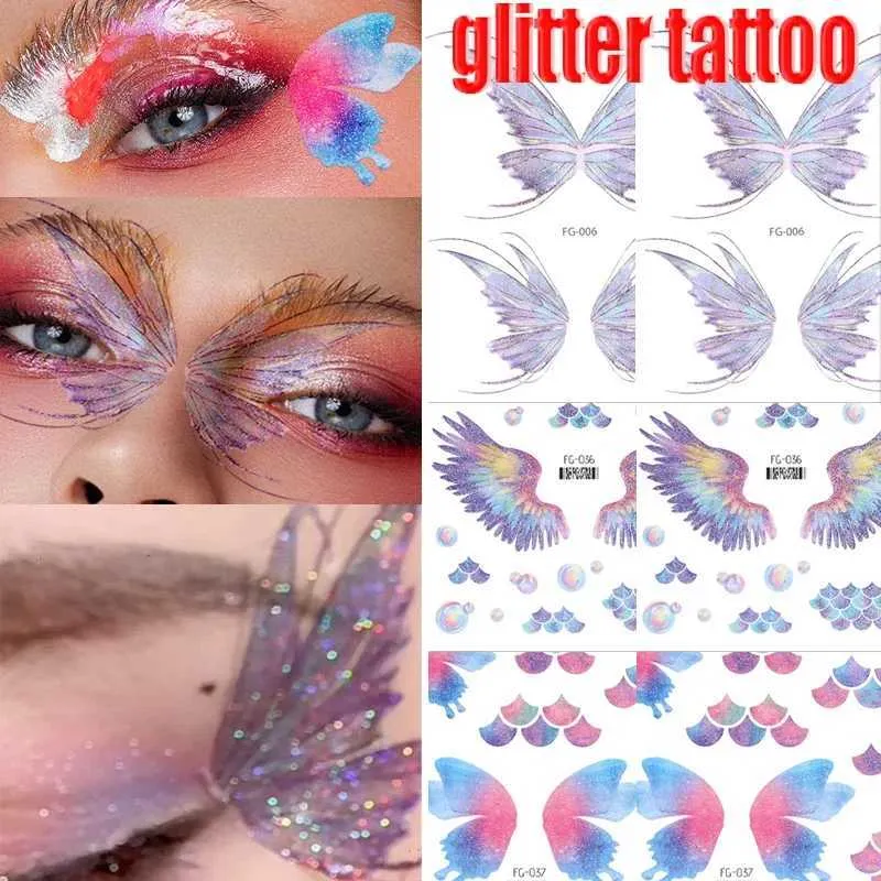 Tattoo overdracht Fairy Butterfly Wings Glanzende tattoo sticker waterdichte ogen gezicht hand body art nep tatoeages vrouwen make -up milieumateriaal 240427