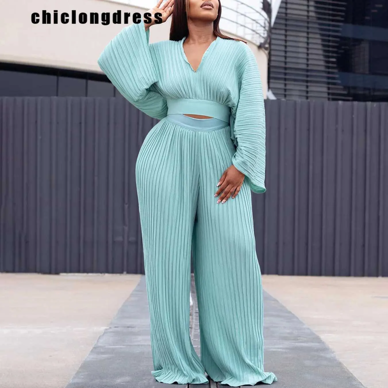 Women's Two Piece Pants Spring Summer Pleated Two Piece Set African Women Fashiona Solid V-neck Flared Slve Shirt Wide Leg Pants Two Piece Set Women Y240426