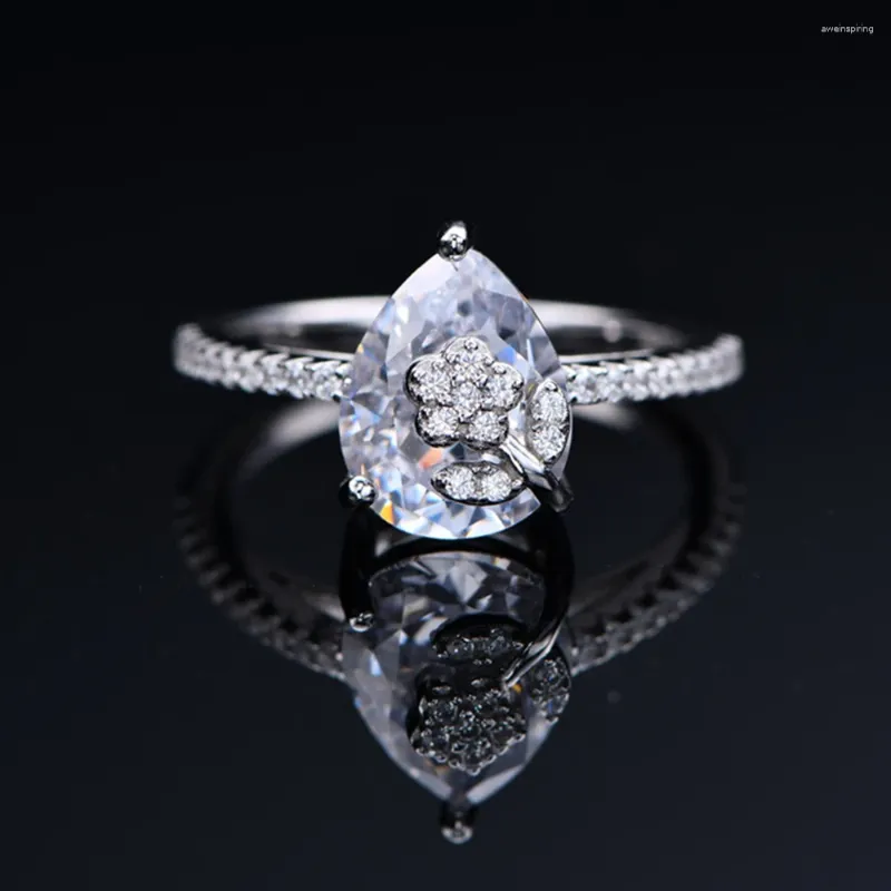 Кластерные кольца S925 Серебряный цветок женщины с водой капля бриллиант кольцо женщина блестящий 5A Циркон продвинутый дизайн