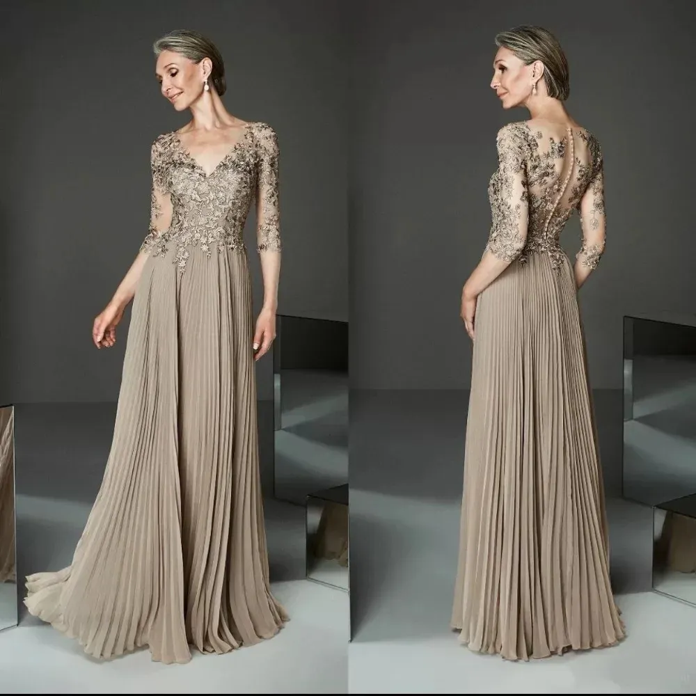 Champagne Lace See Through Long Sleeve Sheer prom dress Neck Appliques Sequins Evening Dress Floor Length Chiffon Groom Mother Party Gowns YD