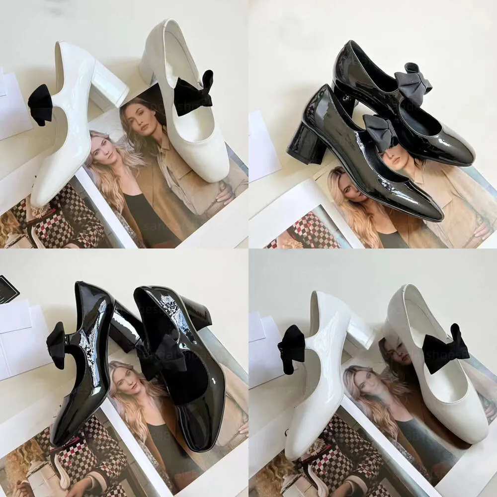 Designer hakken schoenen met strik dikke blokpompen voor vrouwen lakleer zwart wit kitten hak pomp bruiloft werk feestjurk schoen originele kwaliteit