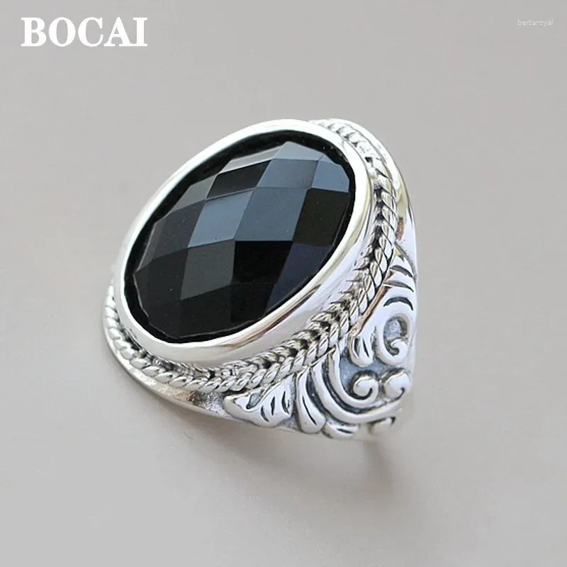 Anelli a cluster Bocai Fashion S925 SIGILTÀ Set di accessori per gioielli con anello di agata nera naturale per regalo di compleanno da uomo e donna