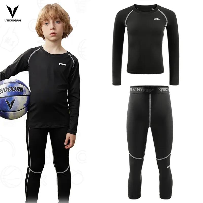 Tillbehör One Set Youth Boys Compression Leggings and Shirt Long Sleeve Sports Tights Running Basketball Base Layer