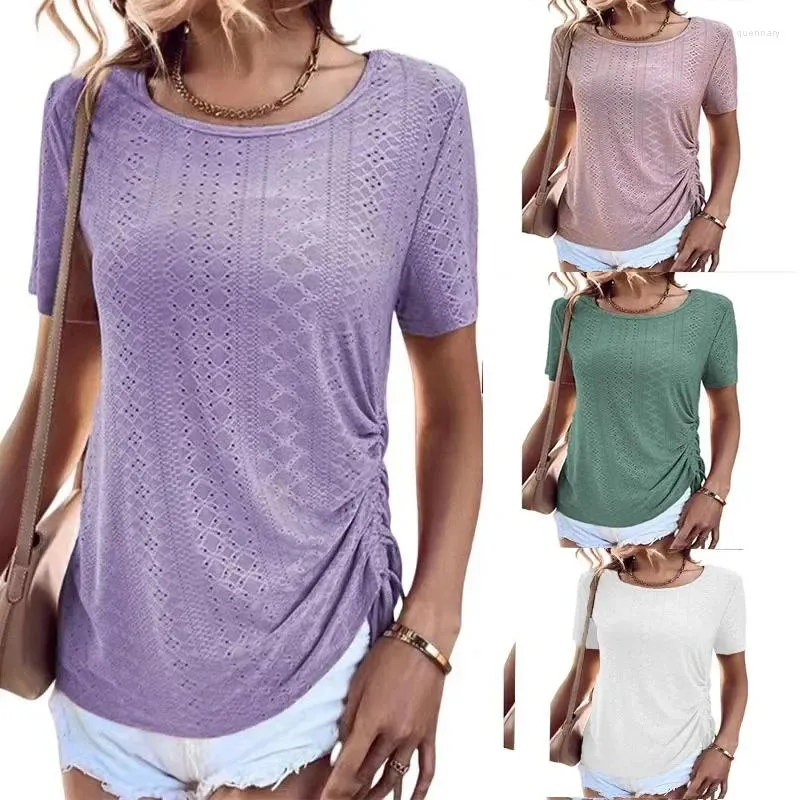 Kvinnors T-skjortor 2024 Ankomst som säljer gränsöverskridande sommar avslappnad rund hals ihålig dragsko lös t-shirt toppar kläder t-shirts