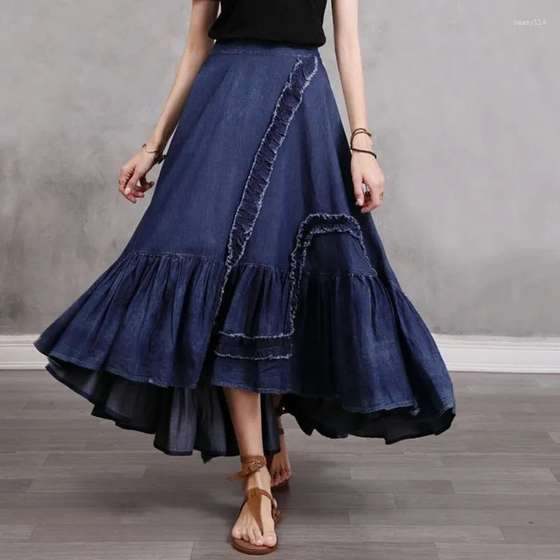 Rokken johnature dames denim rok onregelmatige rand elastische taille vintage kleding 2024 zomer elegante massieve kleur los