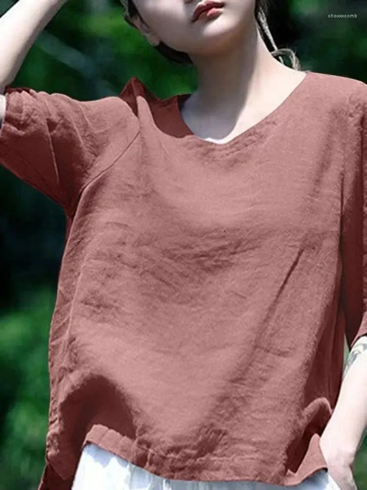 T-shirts pour femmes 2024 Coton rétro simple et linge à couche ronde à coude