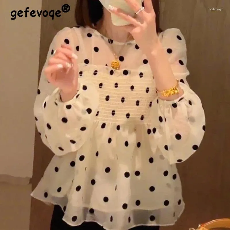 Vêtements de chemisiers pour femmes 2024 Ruffle Polka Dot Print Sweet Kawaii Blouse printemps été à manches longues à manches longues Chic