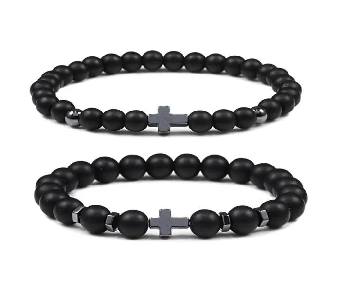 Brins de perles 8 mm hommes Bracelet Natural Lava Stone Beads Meditation Hematite Jésus Bracelets minces Bangles Femmes Bijoux GiftsBe7929988