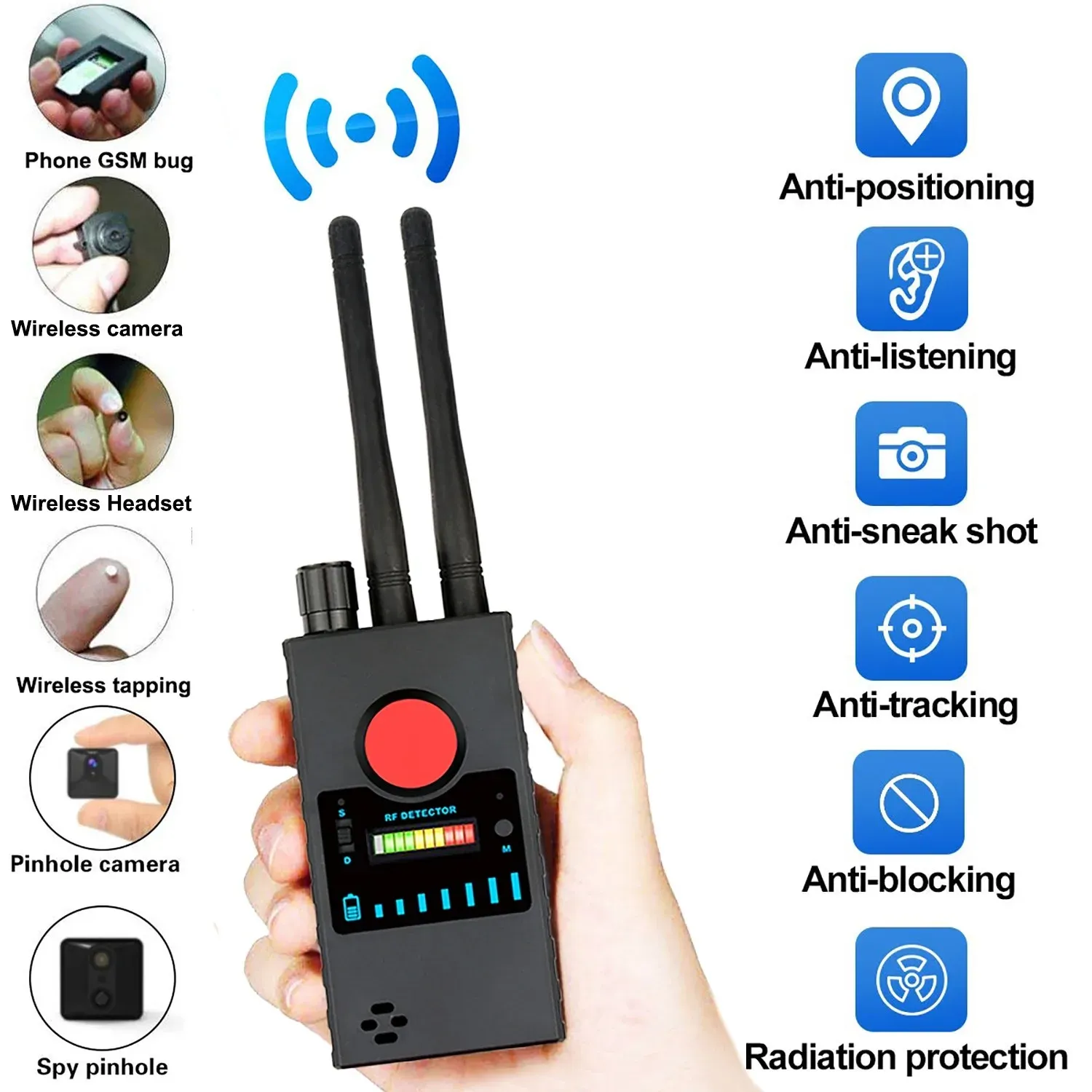 Brushes Spy Pinhole Camera Finder, радио -сигнальный сканер RF Узнайте Spy Wi -Fi Camera GSM Audio Bug Muce Spy Device Gps