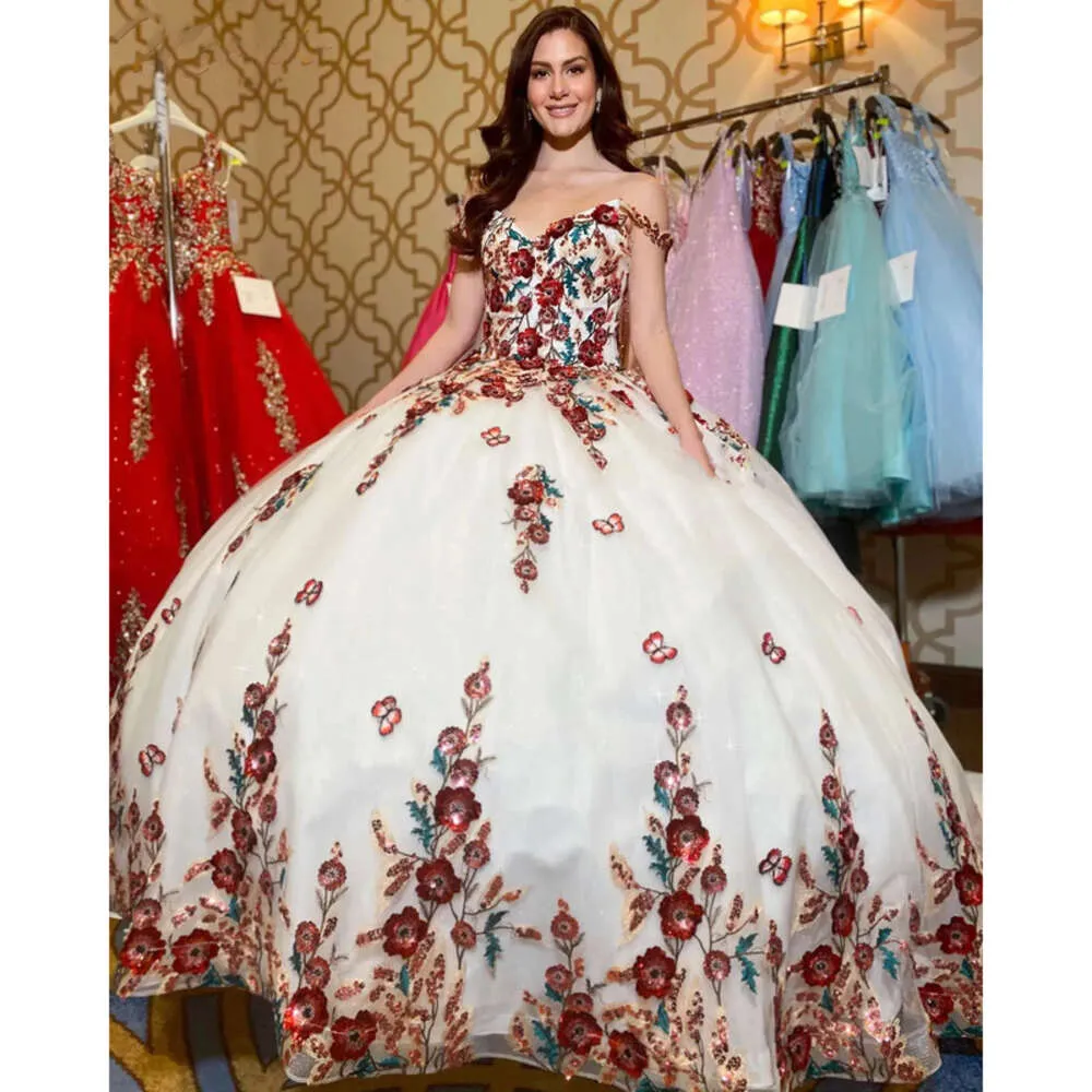 Seedingins Quinceanera Emelcodery Off Dresses 3d цветочное плечо блеск длинное сладкое 16 платье для девушек для девушек Tuler Prom Special Plays 2024