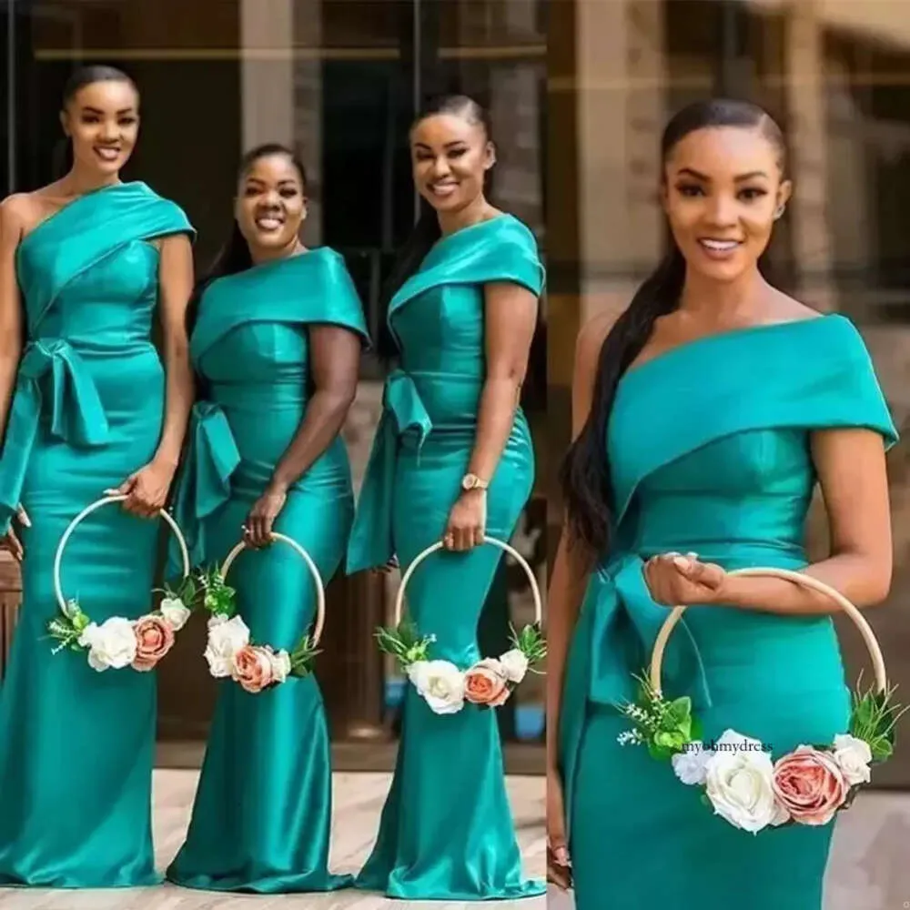 Emerald Green One Shoulder Mermaid Emerald Satin Bridesmaid Dresses with Ruffles - Perfect for Weddings and Formal Events - Junior Maid of Honor Gown