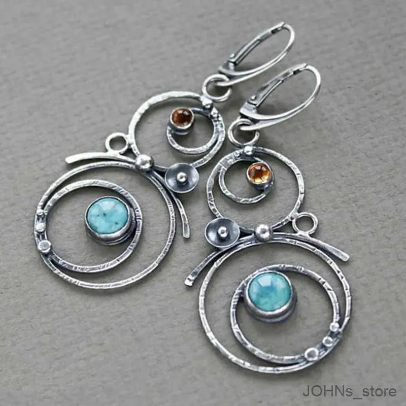 Dangle żyrandol Bohemian okrągłe niebieskie kamienne kolczyki ręcznie robione biżuteria metalowy srebrny kolor ręcznie grawerowany okrągłe kolczyki