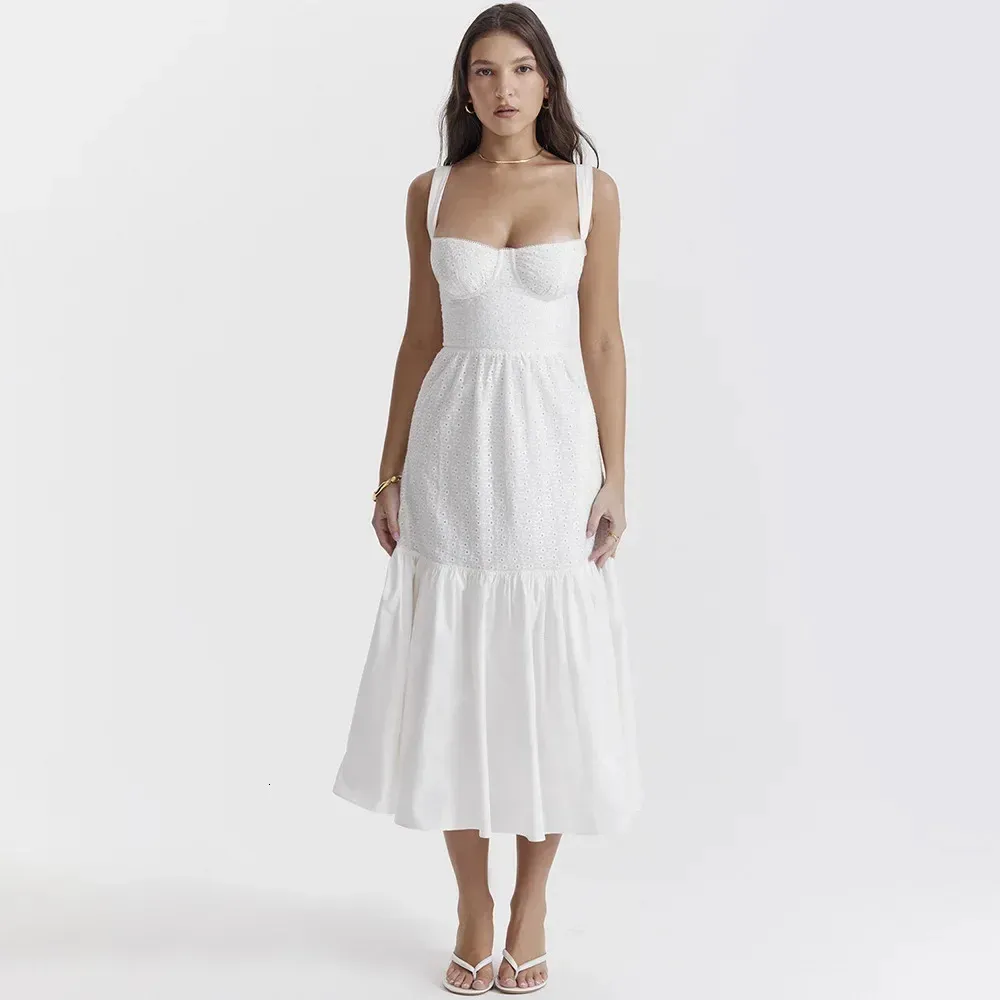 Mingmingxi Beyaz Kadın Yaz Elbise Keten-Cotton Blend Jacquard Zarif Seksi Midi Tatil 240418