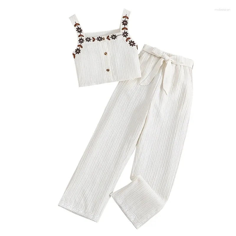 Clothing Sets CitgeeSummer Kids Girls Pants White Sleeveless Floral Camisole Wide Leg Belted Clothes