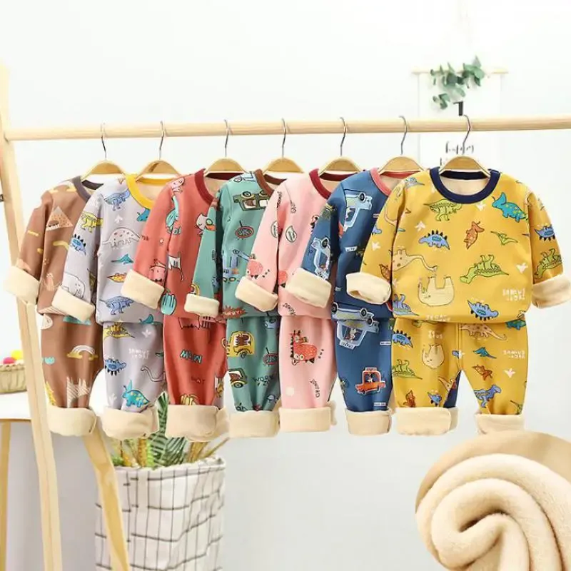 Dresses Children Pyjamas Winter Kids Clothing Sets Warm Fleece Pamas for Boys Thicken Dinosaur Girls Sleepwear Baby Thermal Underwear