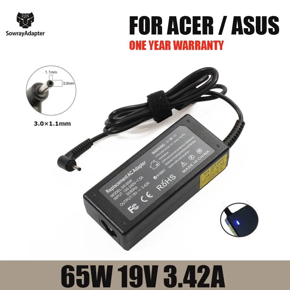 Chargers 19V 3.42A 65W 3,0*1,1 mm Charger de adaptador de energia AC para Acer Aspire S3 S5 S7 P3 Iconia C740 C720 TAB W500 W700 C740 C910