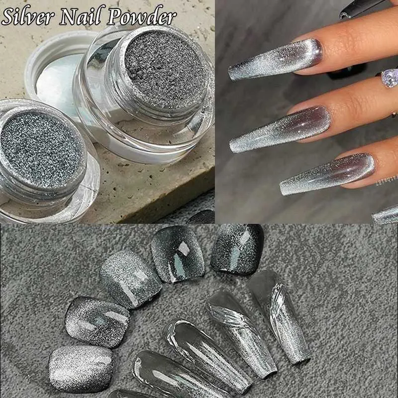 Nagellack silver kattmagnet pulver nagel glitter dekorationer 3D -effekt för manikyr laser nagelkonst design diy pigment damm y240425