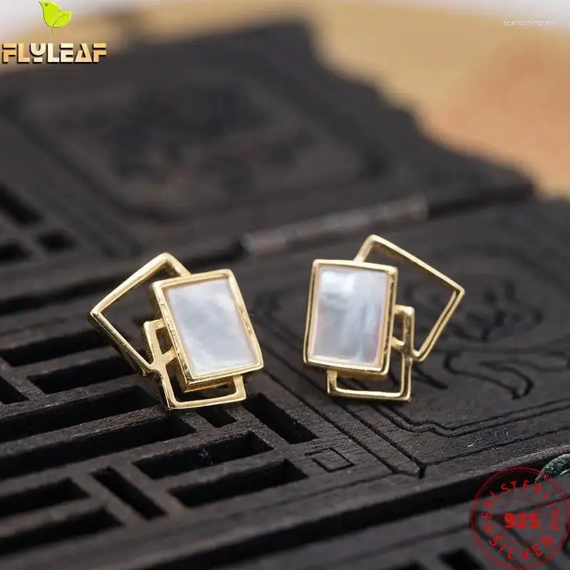 Stud Earrings 18k Gold Geometric Square Shell For Women 925 Sterling Silver Chinese Style Female Vintage Jewelry