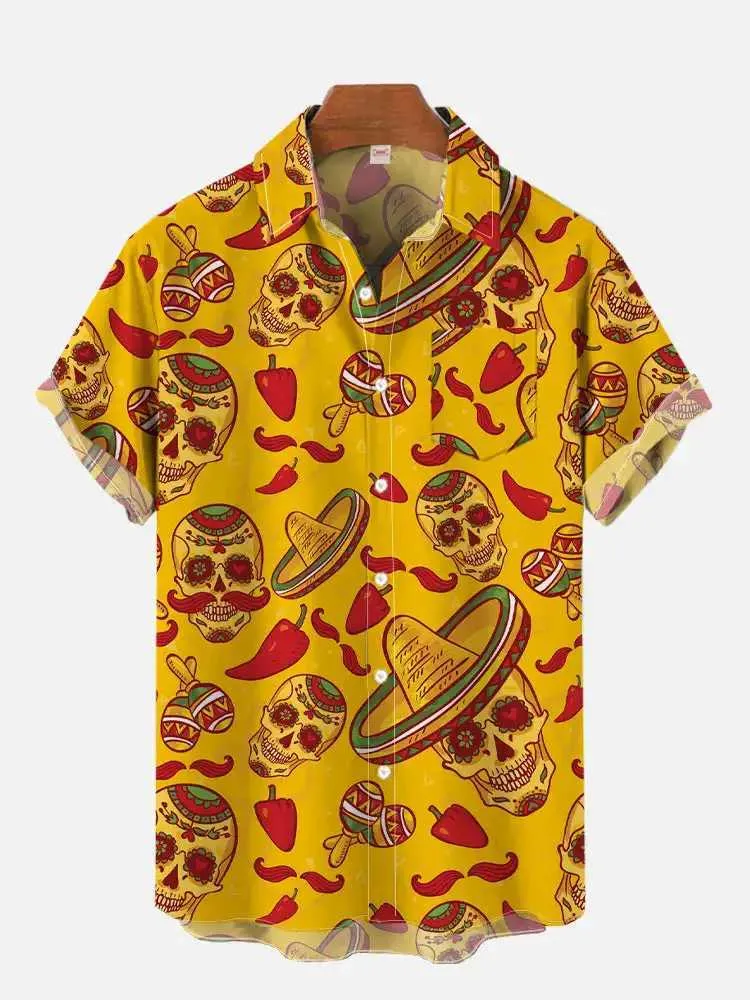 Casual shirts voor heren New Mexicaans feest Creative 3D Gedrukt Hawaiiaans losse pocket shirt met korte mouwen 240424
