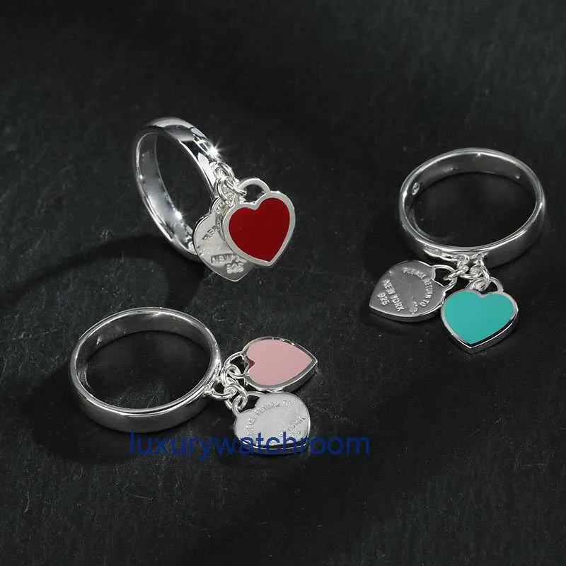 Damesband tiifeany ring sieraden klein 925 sterling zilveren dubbele hart met tee blauw gevallen glazuur paar liefde