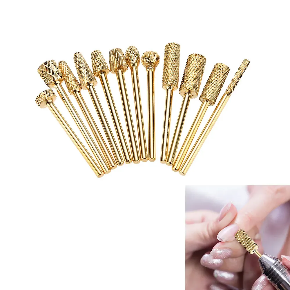 12st Tungsten Steel Nail Sliping Head Nail Borr Bit Tool Gold Plated For Nail Art Polish Machine LL