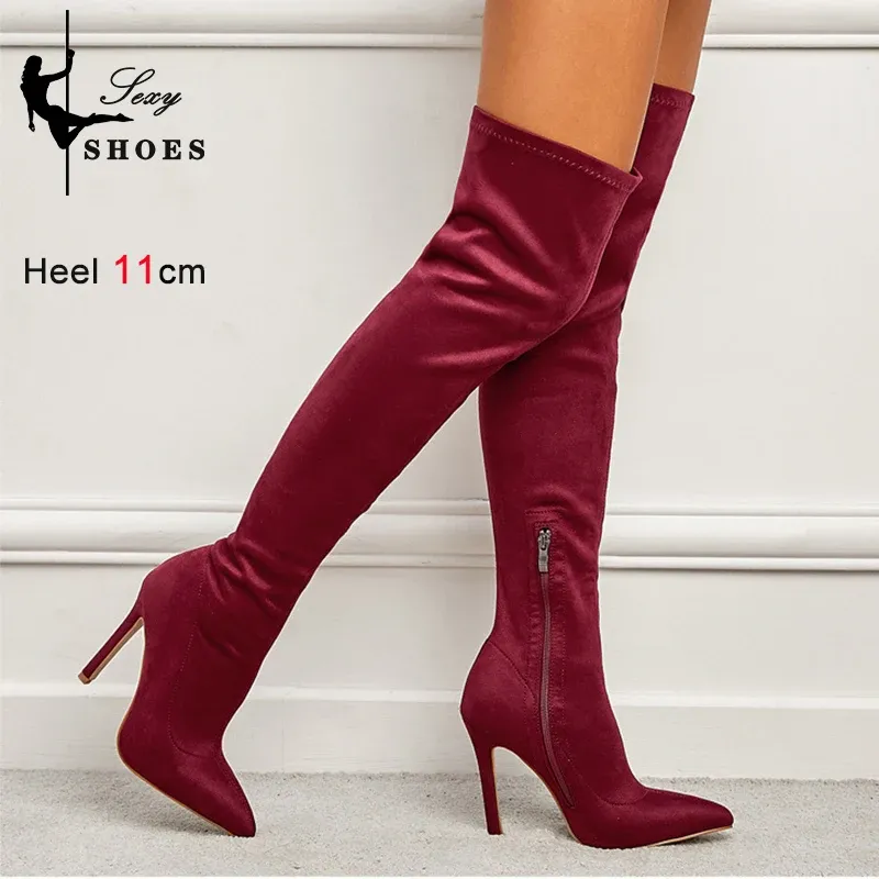 Botlar 2023 Kadın Overthenee Boots Moda Noktalı Ayak Parçası Kış Kış Sürüsü Uyluk Yüksek Streç Uzun Uzun Şarap Kırmızı Stiletto Topuklu